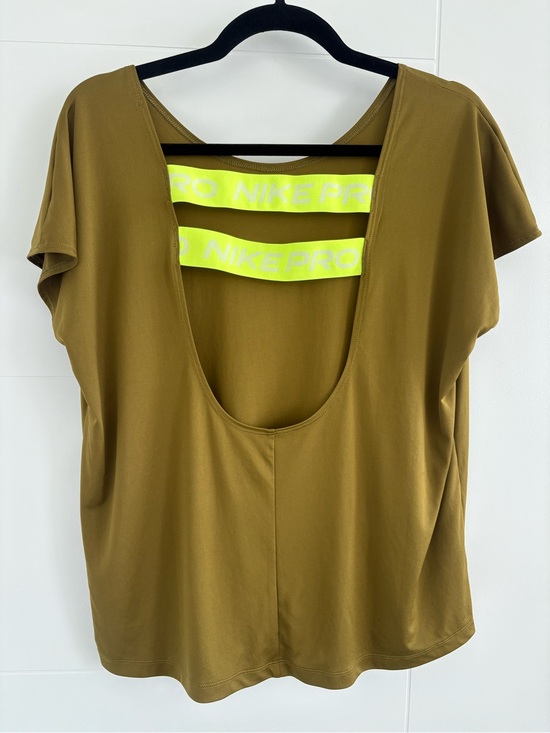 Nike Tops - Nike Olive Green Women's Open-Back Performance Tee with Neon Yellow Straps